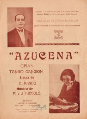 Tapa de la partitura del tango 'Azucena' con retrato de Rafael Tuegols