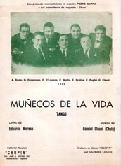 Partitura del tango 'Muñecos de la vida' con fotografía de conjunto musical