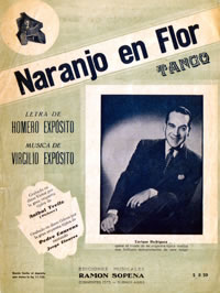 Partitura del tango 'Naranjo en Flor' con retrato de Virgilio Expósito