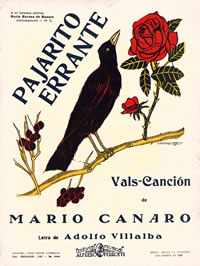 Tapa de la partitura del vals 'Pajarito Errante' compuesto por Mario Canaro