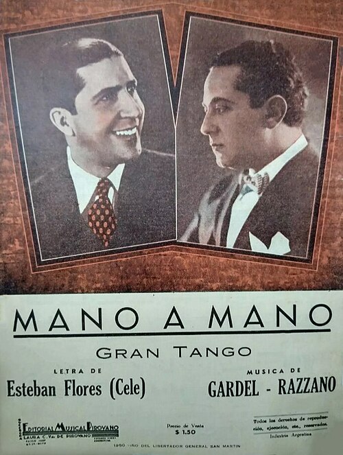 Celedonio Esteban Flores — Partitura del tango 'Mano a mano' con retratos de Gardel y Razzano, letra de Celedonio Flores