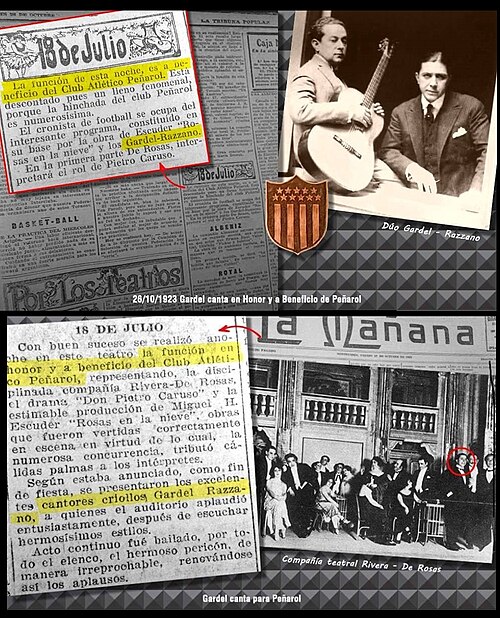 Carlos Gardel — Gardel y Razzano en festival benéfico del Club Peñarol de Montevideo, 26 de octubre de 1923, según prensa de la época