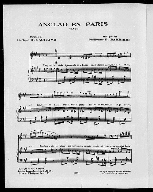 Partitura de «Anclao en París» (tango). Letra de Enrique D. Cadícamo, música de Guillermo D. Barbieri. Éditions Julio Garzón, París, 1933.